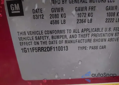 2013 Chevrolet Malibu Eco Premium Audio z USA, uszkodzony, nr VIN 1G11F5RR2DF110013